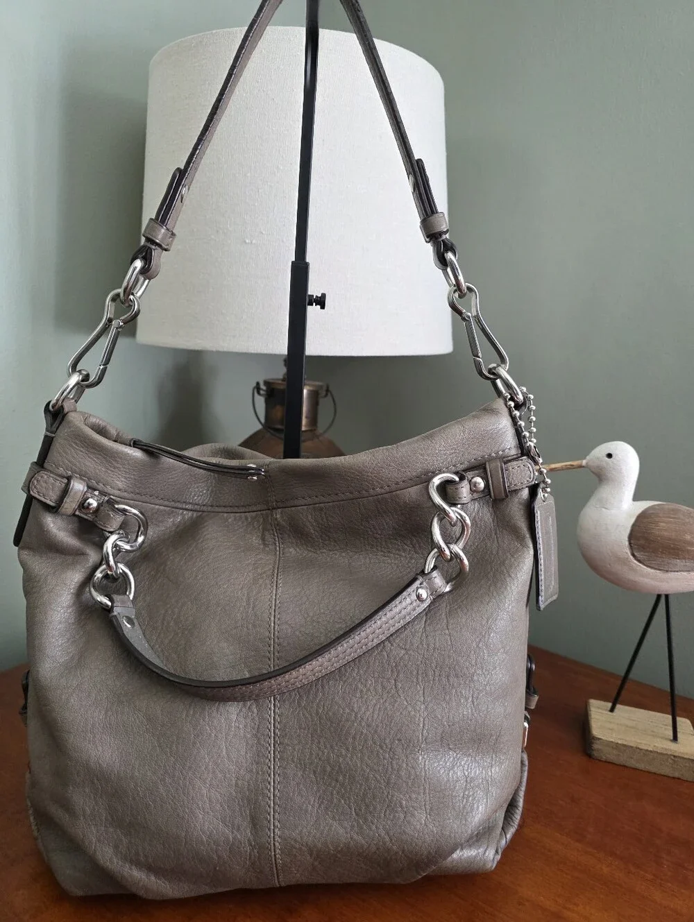 Coach 14142M Brooke Convertible Duffel Gray Taupe Leather Shoulder Hobo Bag